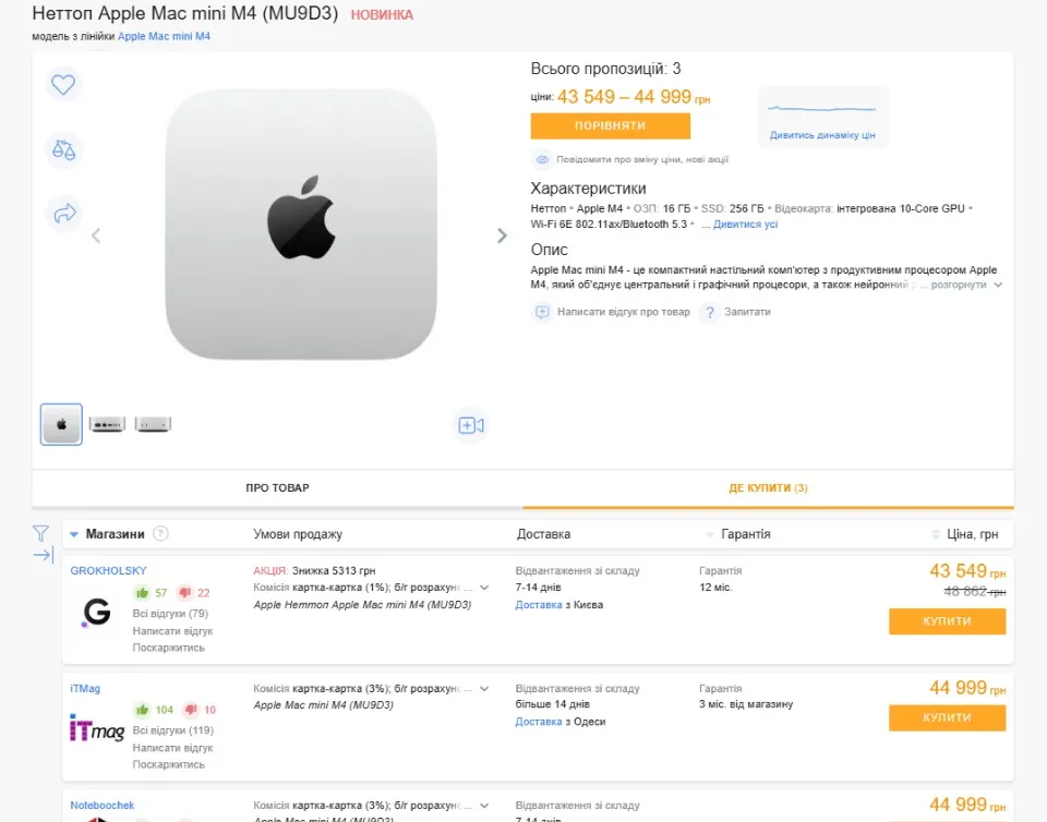 Mac Mini 2024 ціни, скріншот з сайту Hotline