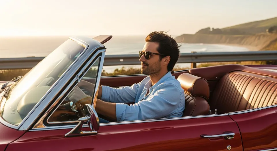 парень едет в кабриолете