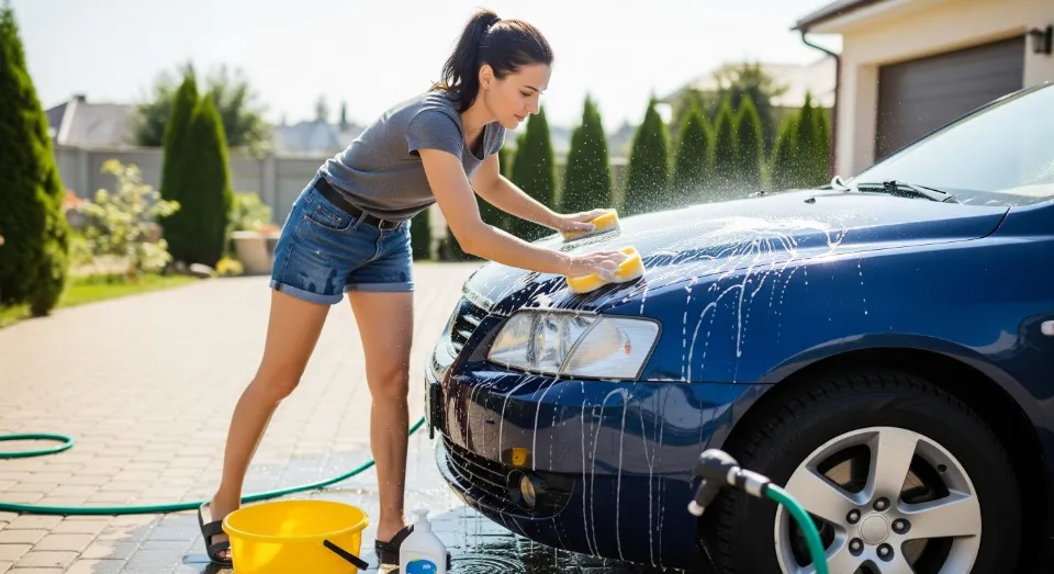 дівчина миє машину