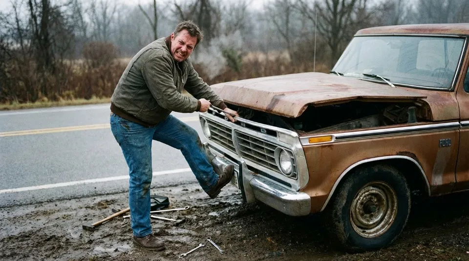 мужчина пытается открыть капот авто